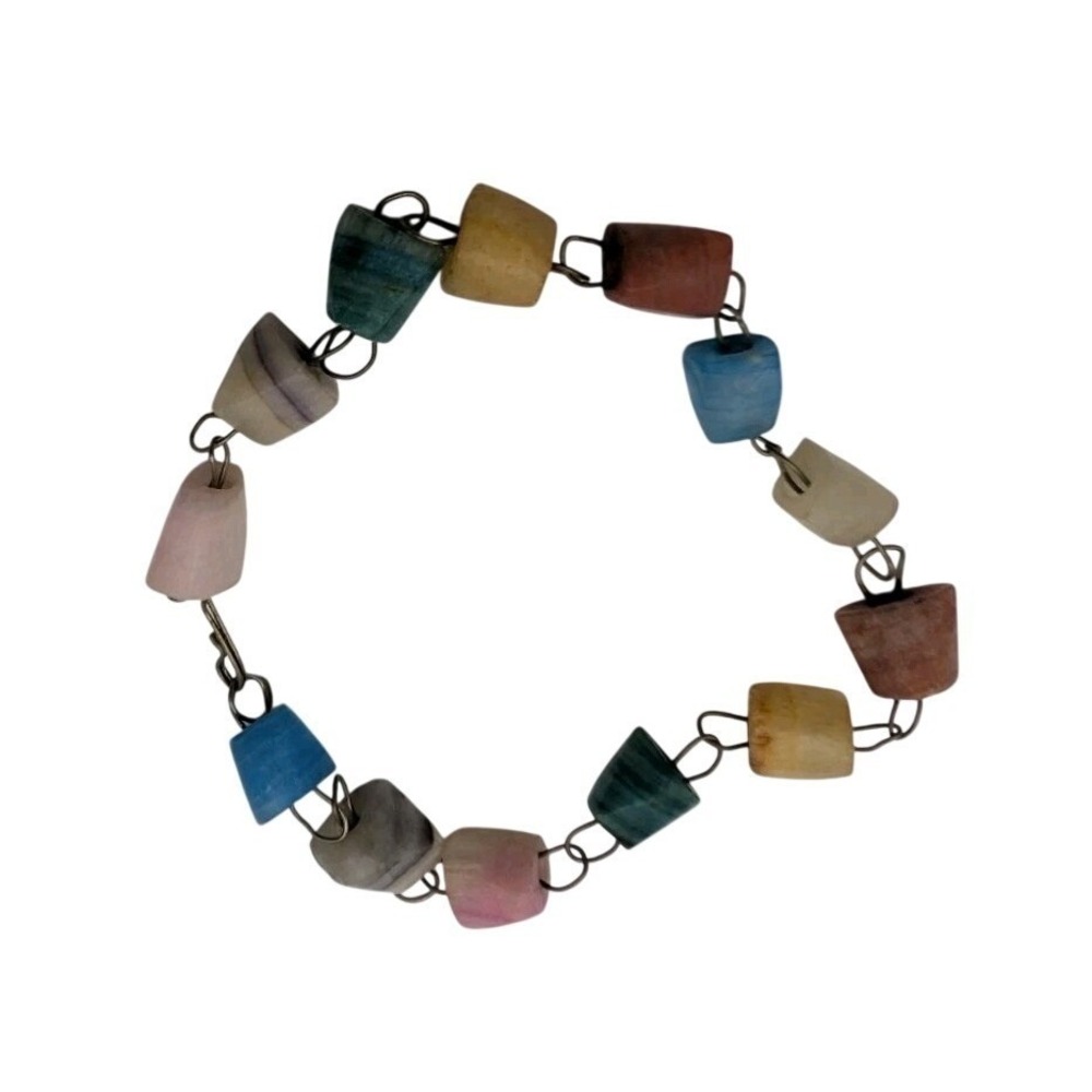 Vintage Fluorite & Mixed Stone Link Bracelet - Pastel Rainbow Geometric Beads